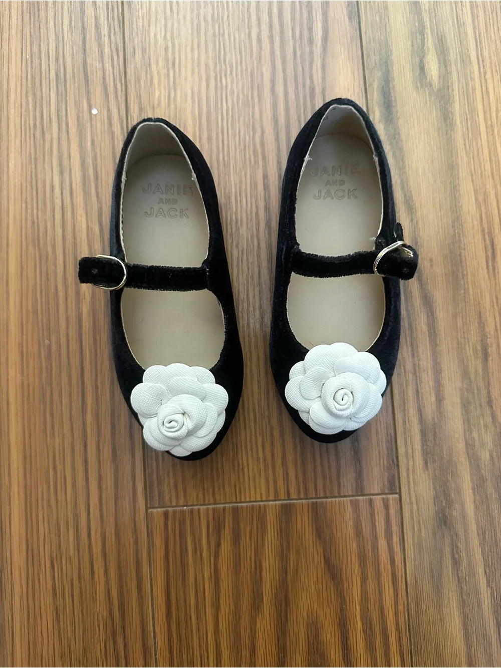 Janie and Jack Black Velvet Mary Janes with White Flower Appliqué